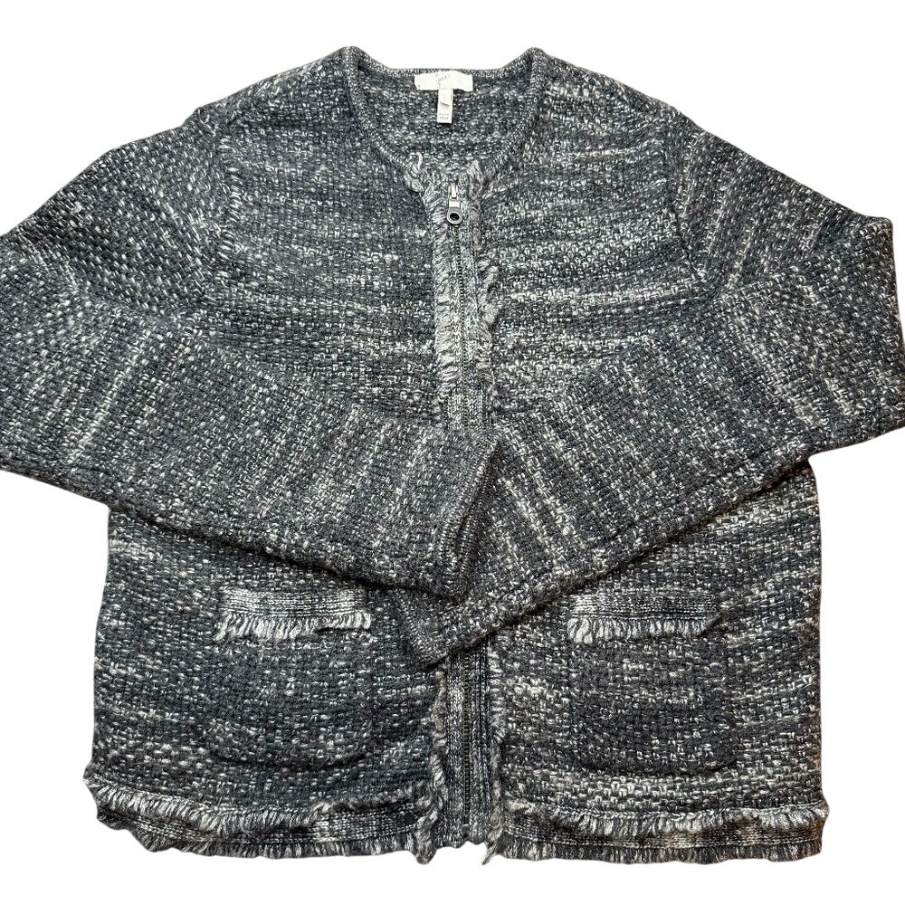 Joie Women's Small Gray Wool Blend Sweater Fringe Trim Pockets Raw Hem Parisian‎